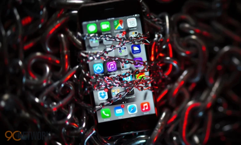 iPhone screen with cybersecurity warning and lock icon