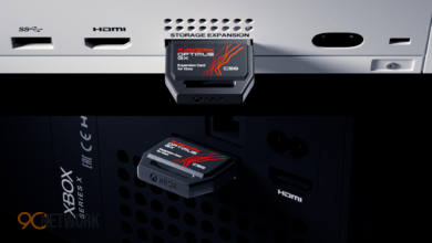 SanDisk Xbox expansion cards inserted into an Xbox Series X console slot.