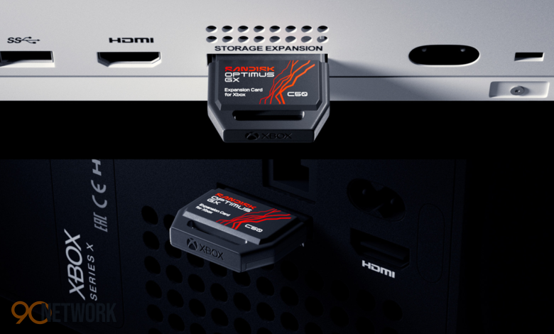 SanDisk Xbox expansion cards inserted into an Xbox Series X console slot.